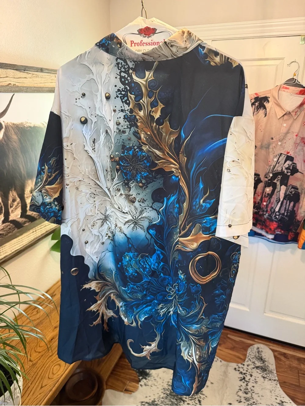 Men's Blue and Black Abstract Button-Up Shirt